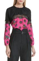 Women's Red Valentino Floral Print Lace Trim Silk Blouse Us / 36it - Pink