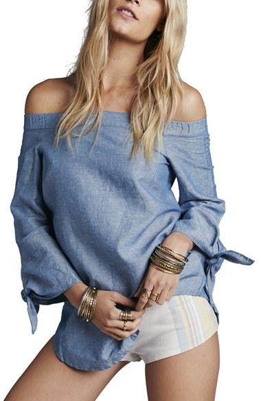 Women's Free People 'show Me Some Shoulder' Off The Shoulder Cotton Blouse - Pink