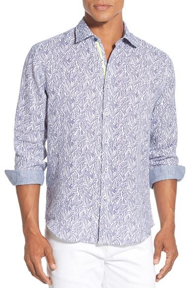 Men's Bugatchi Shaped Fit Leaf Print Sport Shirt - Blue