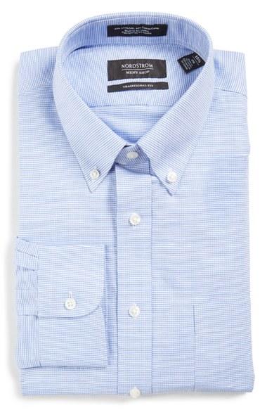Men's Nordstrom Men's Shop Traditional Fit Houndstooth Linen & Cotton Dress Shirt