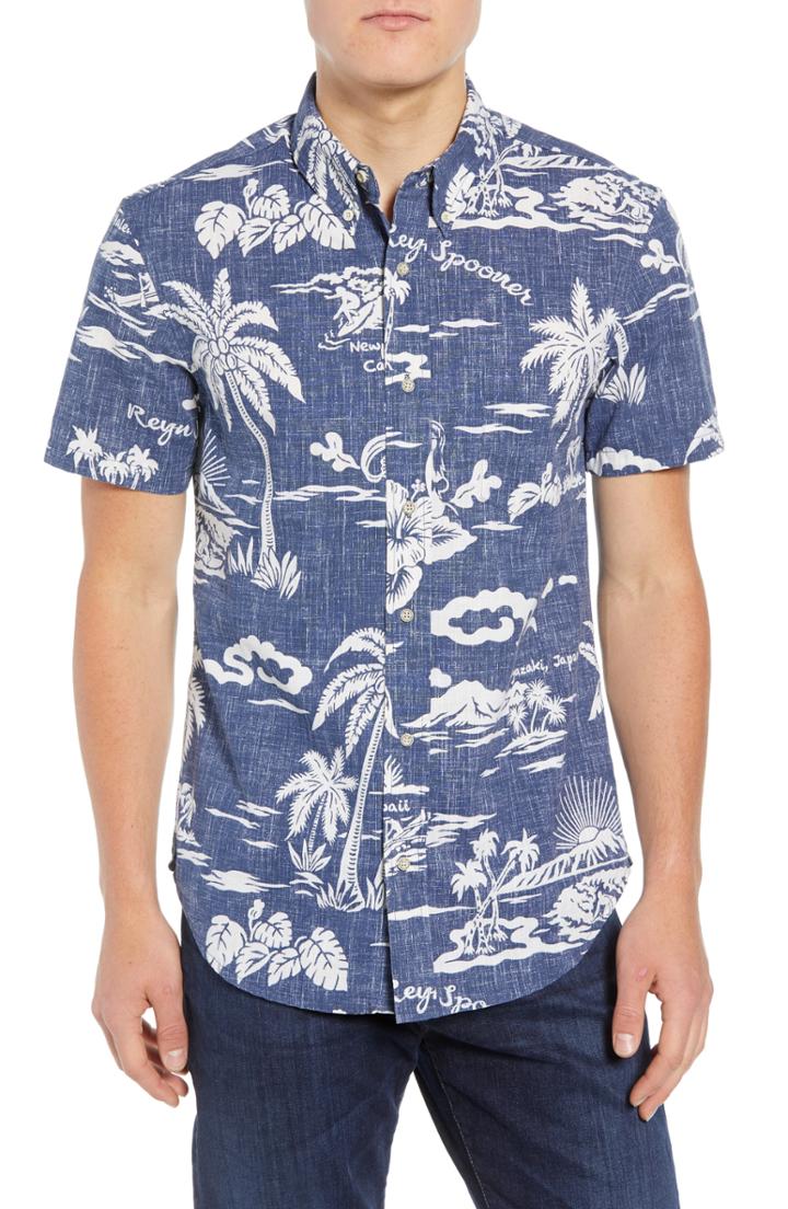Men's Reyn Spooner My Private Isle Fit Sport Shirt, Size Medium - Blue