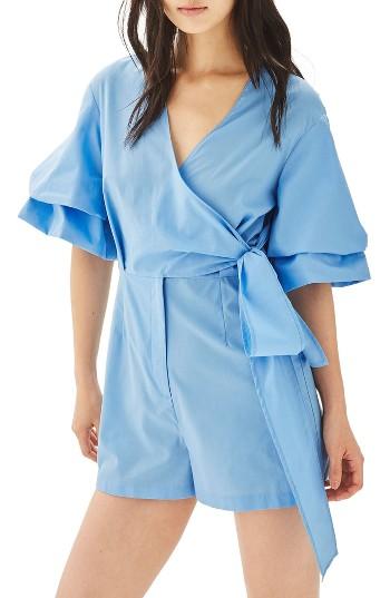 Women's Topshop Drama Sleeve Romper Us (fits Like 0) - Blue