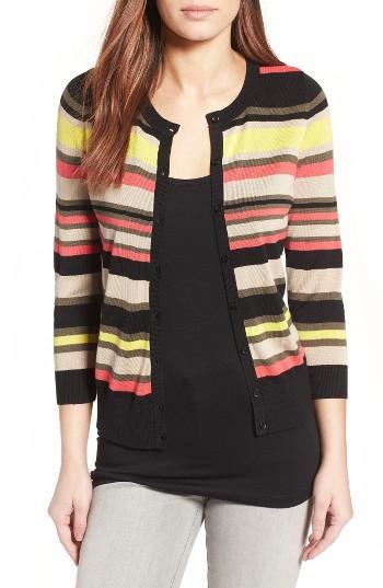 Petite Women's Halogen Three Quarter Sleeve Crewneck Cardigan, Size P - Brown