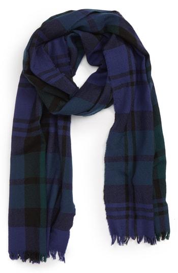 Men's Drakes Plaid Merino Wool Scarf, Size - Blue