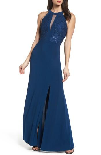 Women's Morgan & Co. Lace & Jersey Gown /6 - Blue