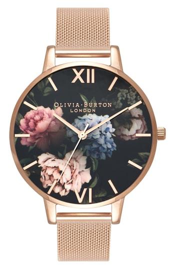 Women's Olivia Burton Dark Bouquet Mesh Bracelet Watch, 38mm