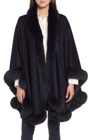 Women's Sofia Cashmere Genuine Fox Fur Trim Cashmere Cape, Size - Blue