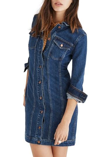 Women's Madewell Seamed Button Front Denim Dress - Blue