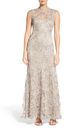 Petite Women's Tadashi Shoji Embroidered Tulle Gown P - Grey