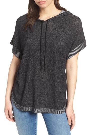 Women's Vince Camuto Ribbed Trim Short Sleeve Hoodie, Size - Black