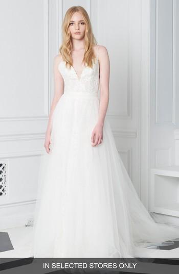 Women's Bliss Monique Lhuillier Lace Plunge Neck Ballgown, Size In Store Only - White