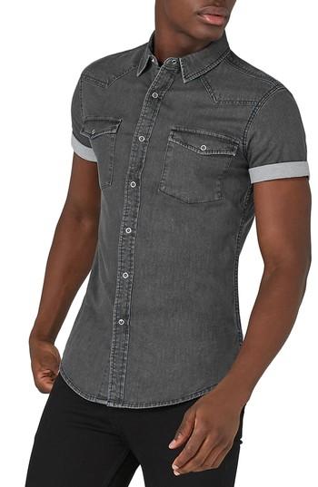 Men's Topman Muscle Fit Denim Shirt, Size - Black