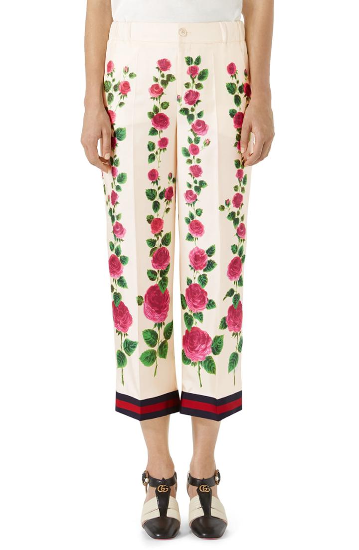 Women's Gucci Rose Print Silk Pajama Pants