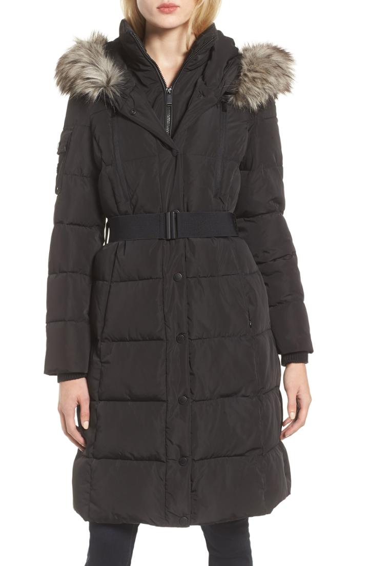 Women's Bcbgeneration Faux Fur Trim Quilted Coat - Black