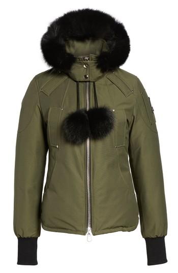 Women's Moose Knuckles Genuine Fox Fur Trim Hooded Down Jacket - Green