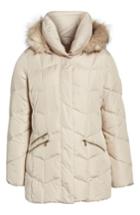 Women's Larry Levine Quilted Coat With Faux Fur Trim - Beige