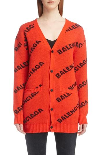 Women's Balenciaga Jacquard Logo Wool Blend Cardigan - Orange