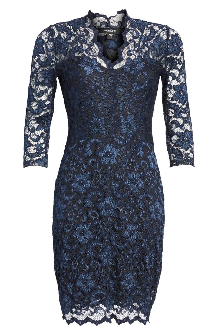 Petite Women's Karen Kane Scalloped Lace Sheath Dress, Size P - Blue