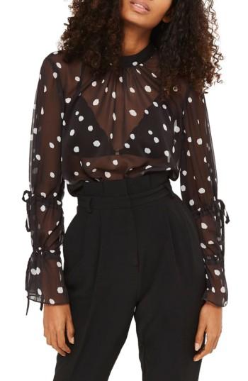 Women's Topshop Drawstring Sleeve Sheer Dot Blouse Us (fits Like 0) - Black