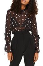 Women's Topshop Drawstring Sleeve Sheer Dot Blouse Us (fits Like 0) - Black