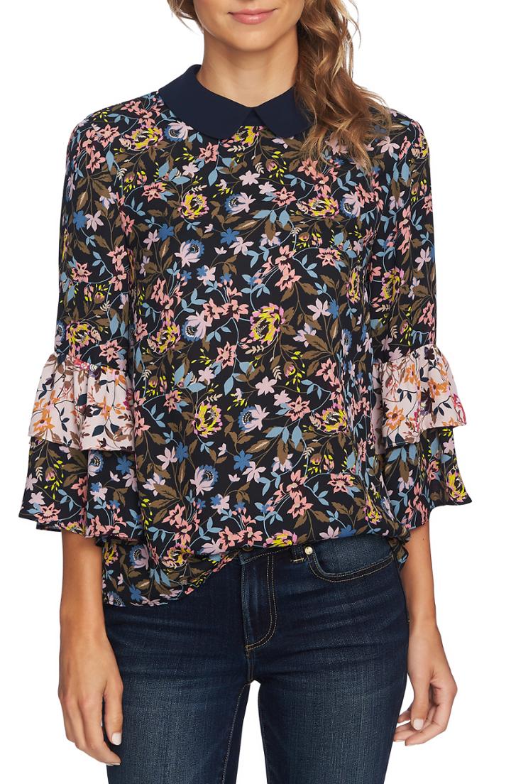 Women's Cece Demure Flora Ruffled Blouse, Size - Blue