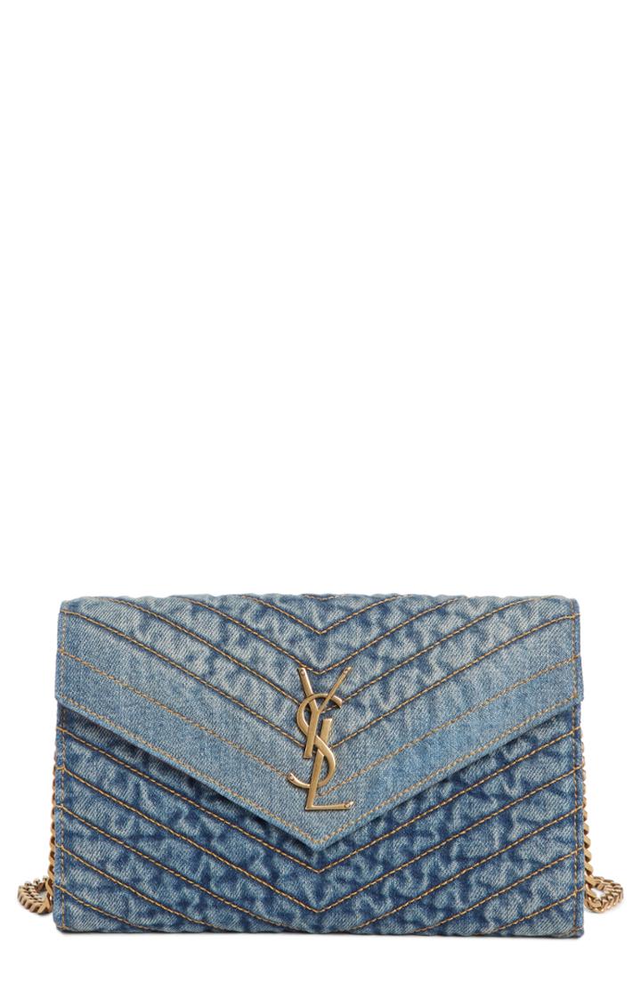 Women's Saint Laurent Matelasse Denim Wallet On A Chain -