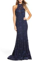 Women's La Femme Rhinestone Lace Gown - Blue
