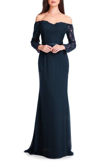 Women's #levkoff Off The Shoulder Three-quarter Sleeve Gown - Blue