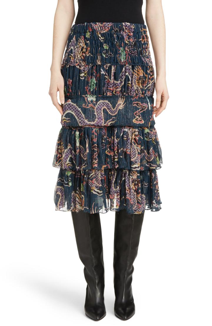 Women's Isabel Marant Zuki Tiered Dragon Print Silk Blend Skirt Us / 38 Fr - Black