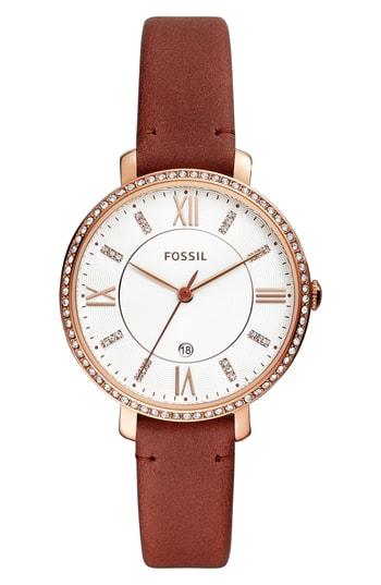 Women's Fossil Jacqueline Crystal Bezel Leather Strap Watch, 36mm