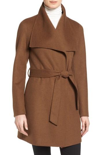 Petite Women's Tahari 'ella' Belted Double Face Wool Blend Wrap Coat, Size P - Beige