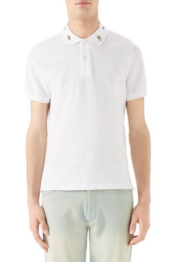 Men's Gucci Gold Embroidered Pique Polo - White