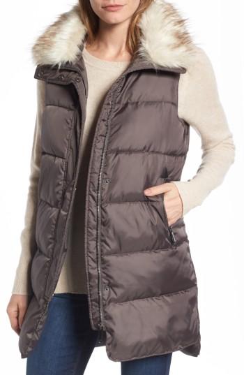 Women's Sam Edelman Faux Fur Trim Long Quilted Vest - Grey