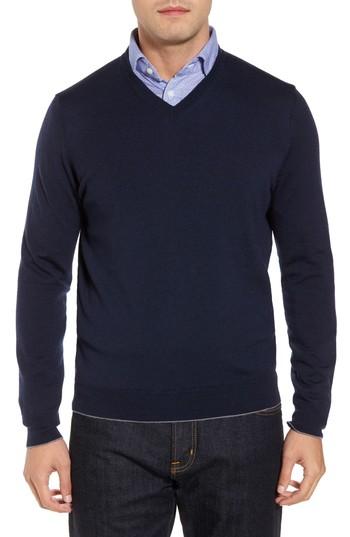 Men's Thomas Dean Merino Wool Blend V-neck Sweater - Blue