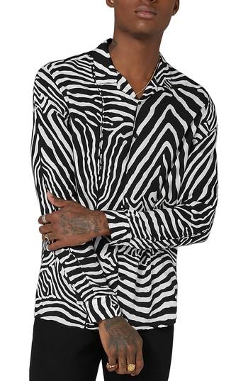 Men's Topman Classic Fit Zebra Print Revere Shirt - Black