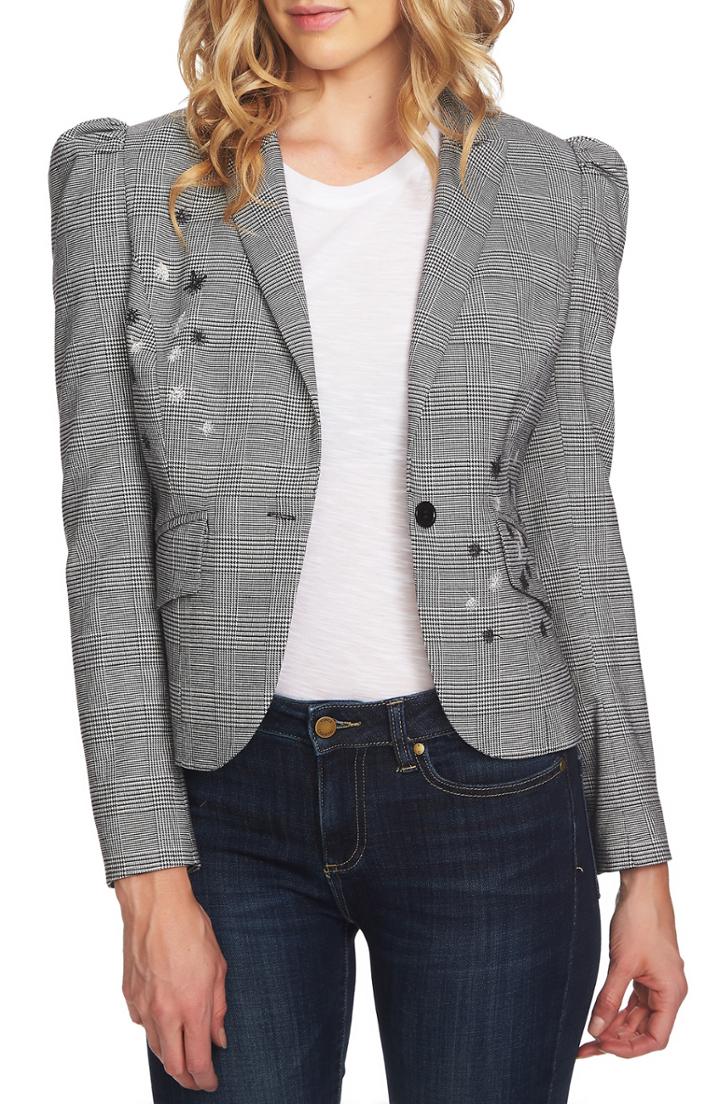 Women's Cece Glen Plaid Embroidered Detail Puff Sleeve Jacket