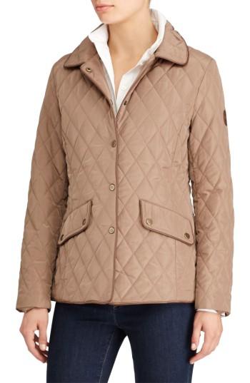 Petite Women's Lauren Ralph Lauren Faux Leather Trim Quilted Jacket P - Beige