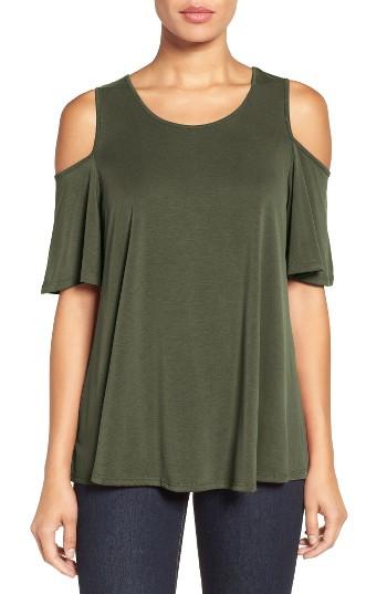 Petite Women's Bobeau Cold Shoulder Flutter Sleeve Top, Size P - Green