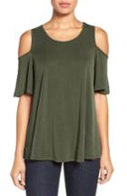 Petite Women's Bobeau Cold Shoulder Flutter Sleeve Top, Size P - Green