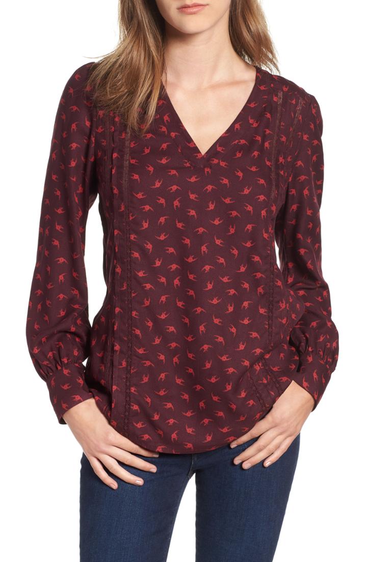 Women's Hinge Lace Stripe V-neck Blouse, Size - Burgundy
