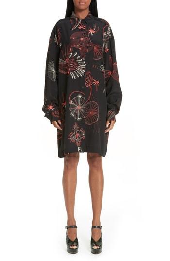 Women's Dries Van Noten Coral Print Silk Shirtdress - Black