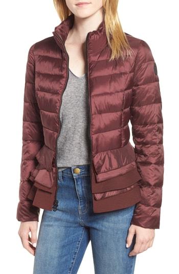 Women's Tahari Zoey Ruffle Hem Puffer Jacket - Red