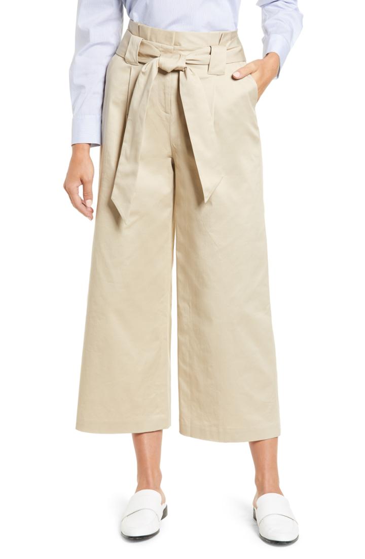 Petite Women's Halogen Paperbag Waist Belted Wide Leg Crop Pants P - Brown