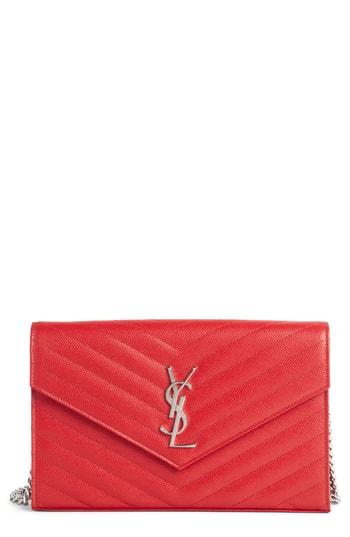 Women's Saint Laurent Quilted Calfskin Leather Wallet On A Chain - Red