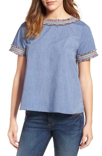 Women's Pleione Embroidered Trim Pleat Back Top - Blue