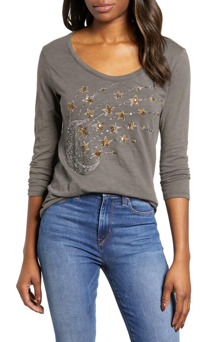 Women's Lucky Brand Stars & Moon Beaded Tee - Grey