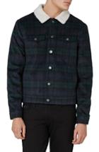 Men's Topman Borg Collar Black Watch Plaid Western Jacket, Size - Blue