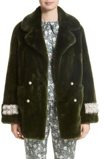 Women's Shrimps Imitation Pearl Trim Faux Fur Jacket - Green