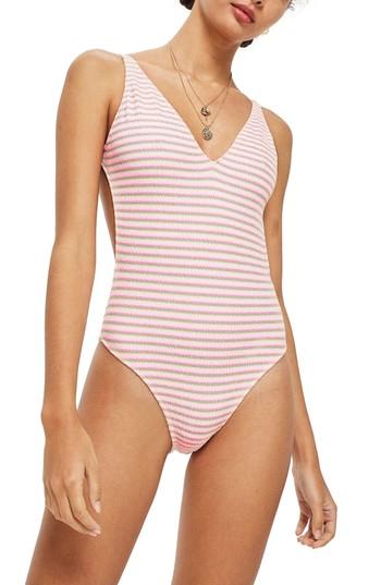 Women's Topshop Shirred One-piece Swimsuit Us (fits Like 2-4) - Pink