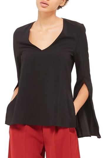 Women's Topshop Split Sleeve V-neck Tunic Us (fits Like 0-2) - Black